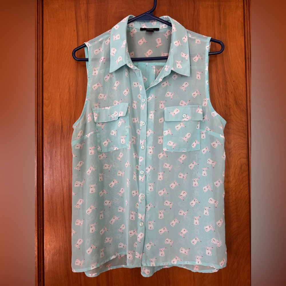 F21 Sleeveless Mint Rabbit Print Button-Up Top